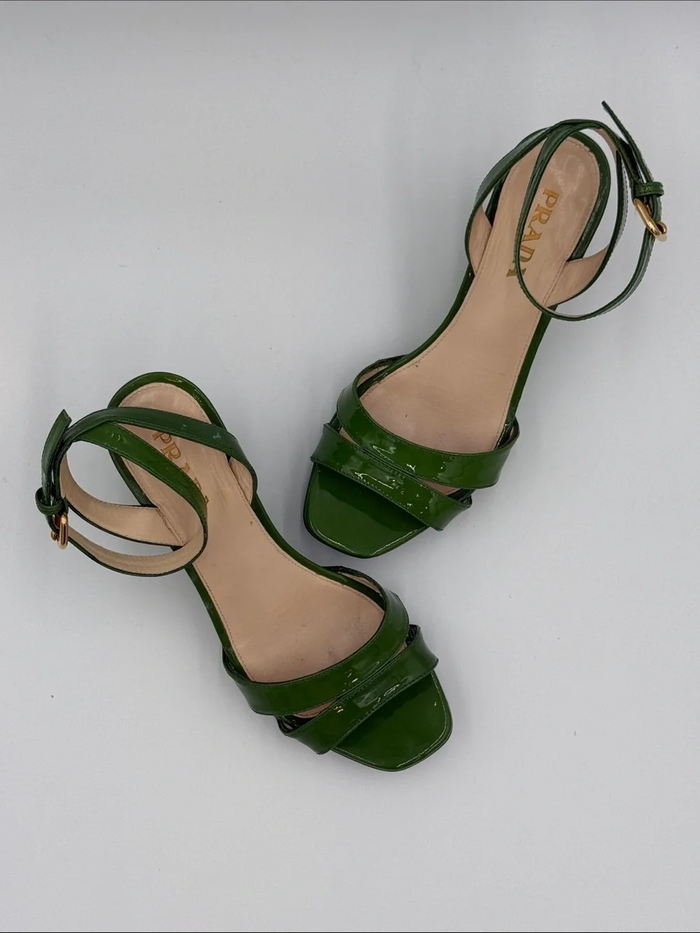 Prada Patent Green Wedge Sandals with Ankle Strap